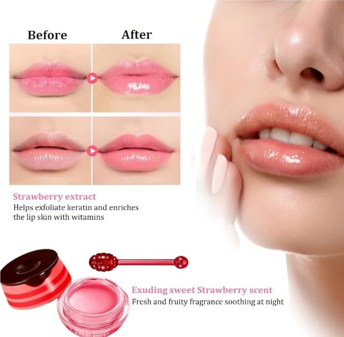 Bee Lip Balm Honey Pot,Honey Lip Mask Propolis Moisturizing Lip Balm with Stick,Hydrating and Prevention Dry and Cracked Lip Scrubs Exfoliator (2 PCS, Honey & Strawberry)-Velvo Beauty