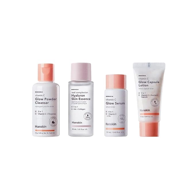 Hanskin Glow Skin On The Go Kit, Set of 4, Essential Travel Skincare Set for Glowing & Nourishing Skin on the Plane, Powder Cleanser Skin Essence and Facial Serum Cleansing Balm-Velvo Beauty