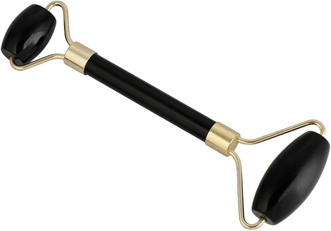 Rockcloud Natural Crystal Stone Roller Massager Double Neck Face & Neck Massage Therapy Anti-Aging Wrinkle Healing Slimming Skincare Tool,Black Obsidian-Velvo Beauty