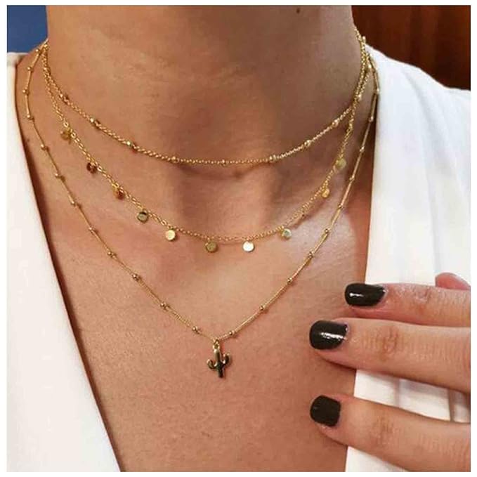 Boho Layered Disc Coin Necklace Choker Gold Cactus Pendant Necklace Stacking Satellite Chain Necklace Vintage Multilayer Necklace Chain Jewelry for Women and Girls Gifts-Velvo Beauty