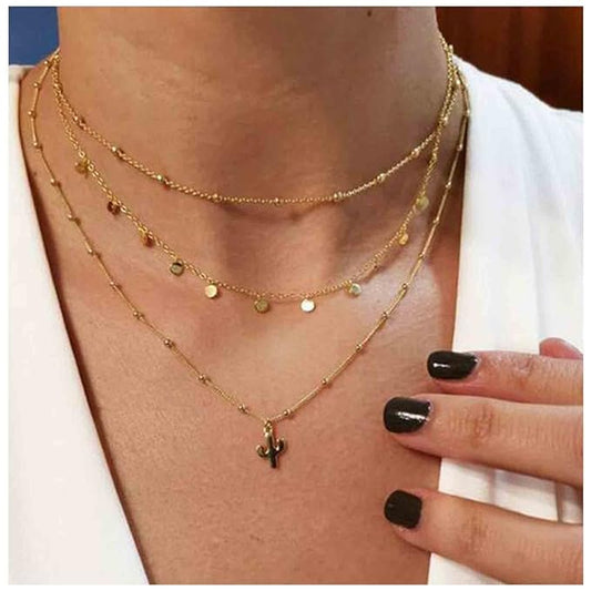 Boho Layered Disc Coin Necklace Choker Gold Cactus Pendant Necklace Stacking Satellite Chain Necklace Vintage Multilayer Necklace Chain Jewelry for Women and Girls Gifts-Velvo Beauty
