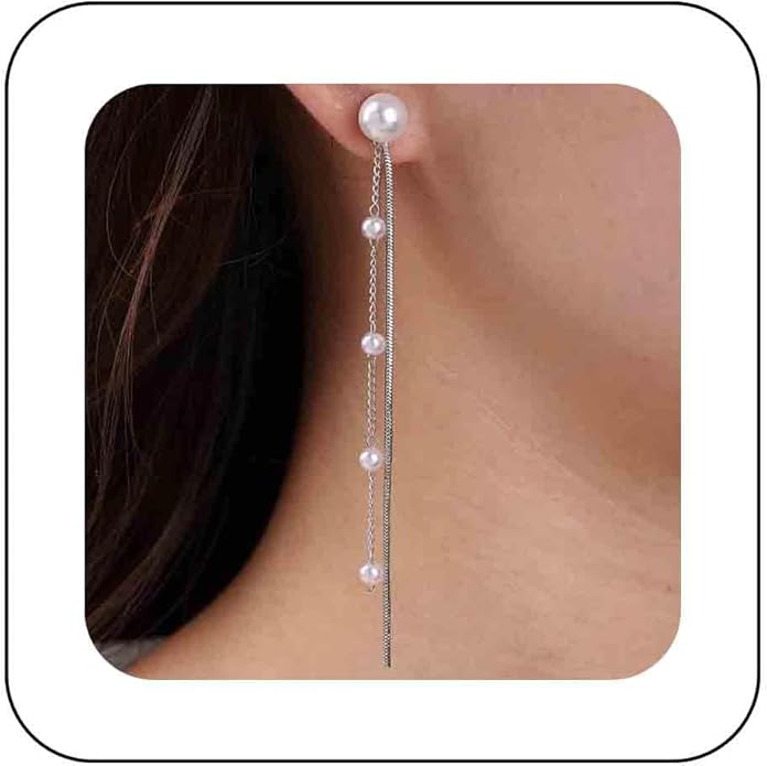 Vintage Pearl Dangle Earrings Long Pearl Chain Earrings Silver Pearl Tassel Drop Earrings Tiny Pearl Bridal Earrings Jewelry for Women-Velvo Beauty