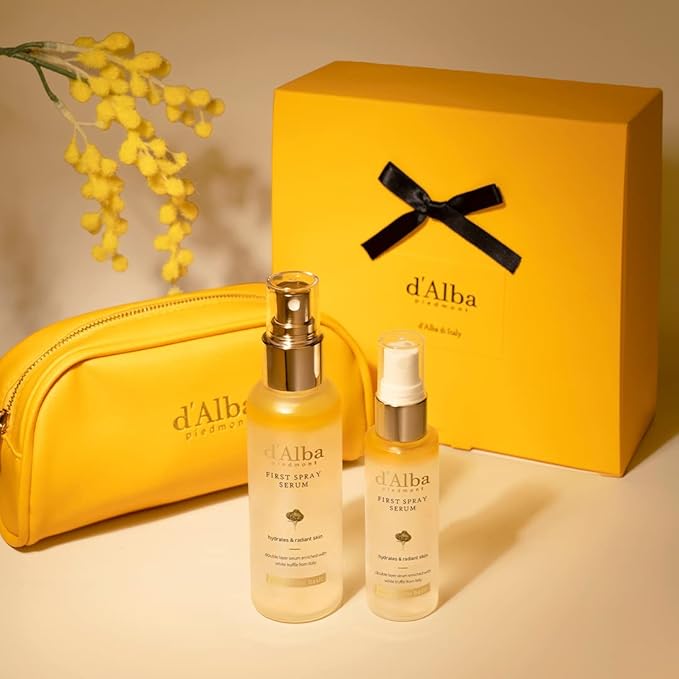 d'Alba Travel Essencial Gift Set, White Truffle First Spray Serum Full Size & Travel Size with Yellow Pouch, Korean Skin Care-Velvo Beauty