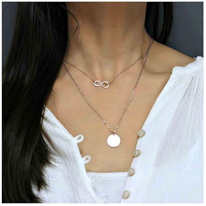 Boho Layered Infinity Coin Necklace Choker Silver Disc Pendant Necklace Forever Necklace Vintage Circle Choker Necklace Chain Jewelry for Women and Girls Gifts for Her-Velvo Beauty