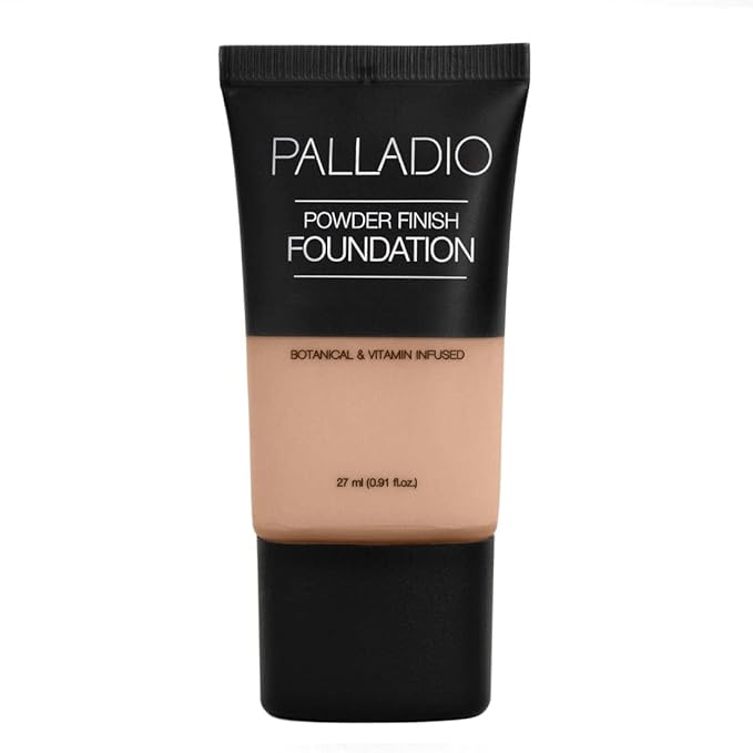 Palladio Powder Finish Liquid Foundation, Natural Matte Appearance, Reduces Fine Lines, Covers Large Pores, Hides Imperfections, All Day Wear, Sheer to Medium Coverage, In the Buff-Velvo Beauty