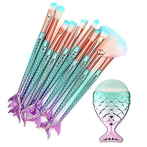 Funfunman Makeup Brushes 11PCS Make Up Foundation Eyebrow Eyeliner Blush Cosmetic Concealer Brushes(Mermaid Colorful)-Velvo Beauty