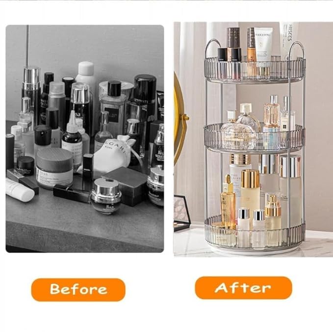 Makeup Organizer for Vanity, 360° Rotating Bathroom Organizer Countertop, High-Capacity Skincare Organizer, Spinning Cosmetics Organizer for Dresser Countertop (3 Tiers, Grey)-Velvo Beauty