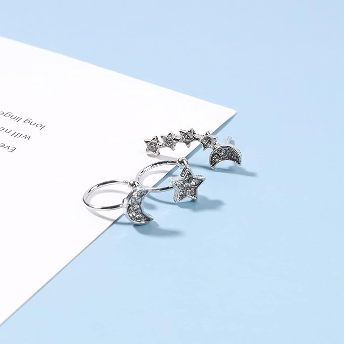 Boho Moon Star Ear Climber Earrings Silver Cz Star Ear Crawler Earrings Vintage Rhinestone Moon Cuff Earrings Cartilage Star Trailing Earrings Celestial Jewelry for Women and Girls Gifts-Velvo Beauty