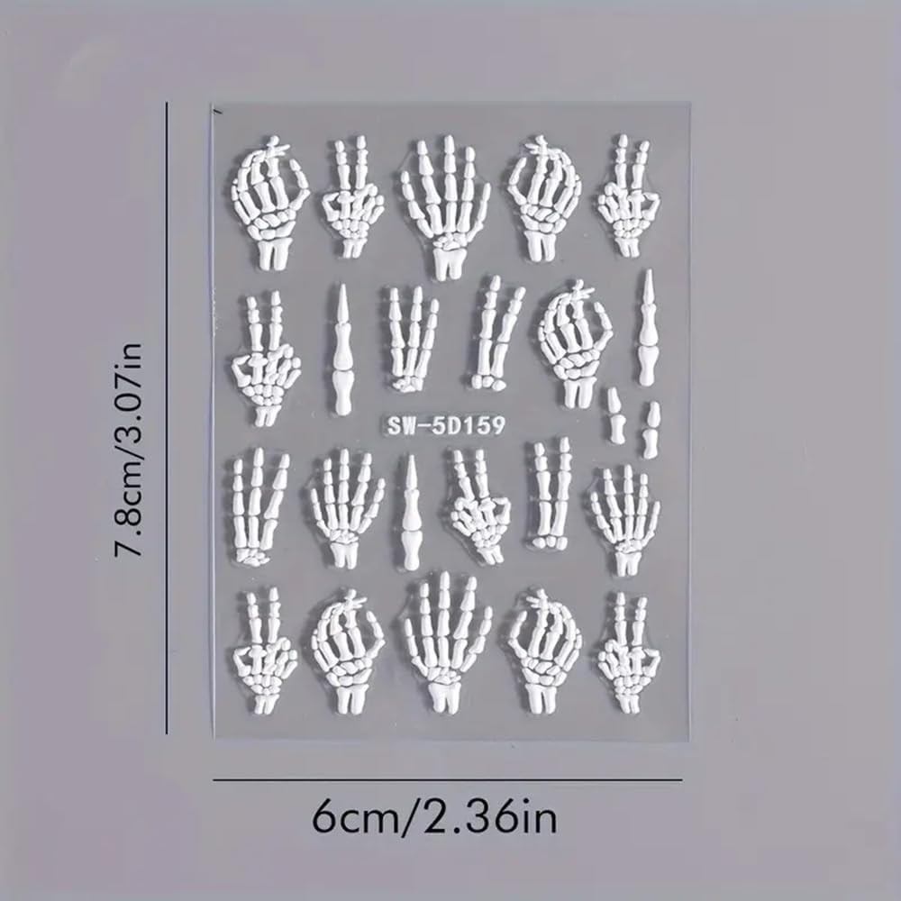Halloween Nail Art Stickers Decals 3PCS Skeleton Nail Decals 5D Embossed Skull Nail Stickers White Hand Bones Finger Skeleton Halloween Nail Art Supplies Self-Adhesive Manicure Decorations-Velvo Beauty