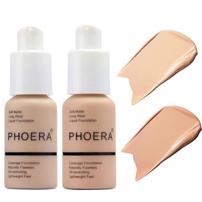 BestLand 2Pack PHOERA Foundation Full Coverage Liquid Foundation Cream - Long-lasting Lightweight Concealer - Oil-Free Formula - Natural Shade - Suitable for All Skin Types (102 Nude & 103 Warm Peach)-Velvo Beauty