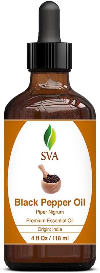 SVA Black Pepper Essential Oil – 4 Fl Oz – 100% Natural Black Pepper Oil - for Diffuser, Hair Care, Face, Skin Care, Aromatherapy, Scalp and Body Massage, Soap and Candle Making – with Dropper-Velvo Beauty