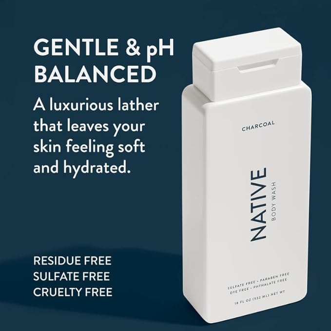 Native Body Wash Contains Naturally Derived Ingredients | For Women & Men, Sulfate, Dye, & Paraben Free Leaving Skin Soft and Hydrated | Charcoal 18 oz - 2 Pk-Velvo Beauty