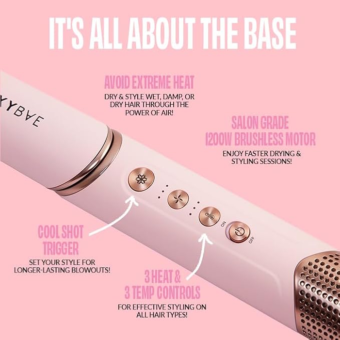 FoxyBae Super Styler Pro Interchangeable 5 in 1 Hair Styler Wand Curling Iron Set - w/Drying Cylinder, Ceramic Blowout & Round Brushes, 2 Auto-Wrap Curlers - Frizz-Free, Smooth Hair [Blush]-Velvo Beauty