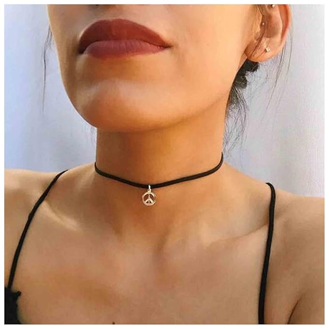 Boho Peace Choker Necklace Black Cord Circle Necklace Short Round Necklace Vegan Necklace Chain Jewelry for Women and Girls-Velvo Beauty