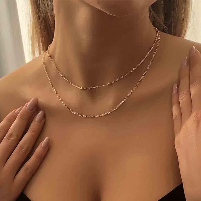 Boho Layered Satellite Choker Necklace Gold Ball Chain Necklace Short Collar Necklace Vintage Double Layer Necklace Jewelry for Women and Girls Gifts-Velvo Beauty
