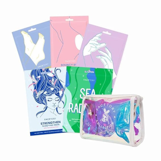 FACETORY Head to Toe Body Spa Pouch Gift Bundle with Korean Sheet Masks for Hair, Face, Feet, Hands, and Butt - Softening, Hydrating, Nourishing, and Moisturizing, for Dry, Cracked Skin-Velvo Beauty