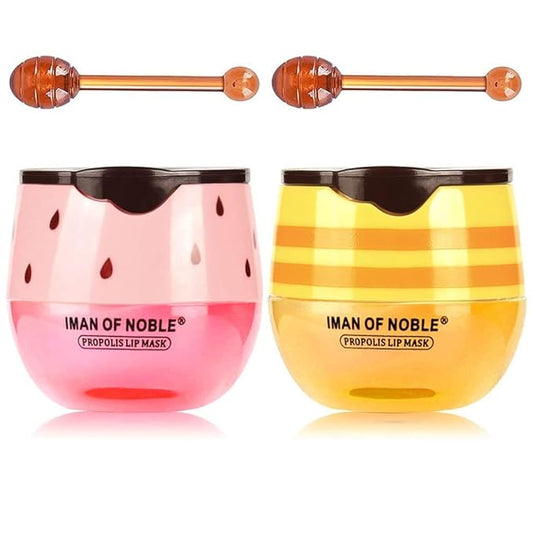 Bee Lip Balm Honey Pot, 2 PCS Strawberry & Honey Hydrating Prevention Dry and Cracked Lip Scrubs Exfoliator, Propolis Moisturizing Lip Sleep Mask Reduces Lip Lines, Lip Exfoliating Honey Bee Lip Mask-Velvo Beauty