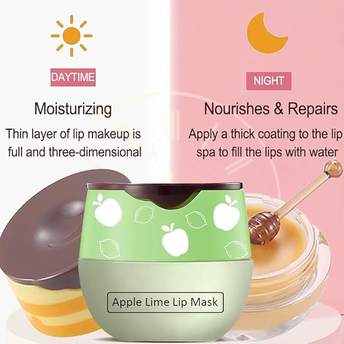 3PCS Bee Lip Balm Honey Pot,Honey&Apple Lime Lip Mask Overnight Moisturizing Lip Balm,Hydrating Prevention Dry and Cracked Reduces Lip Lines Lip Sleeping Mask (Honey+Strawberry+Apple Lime)-Velvo Beauty