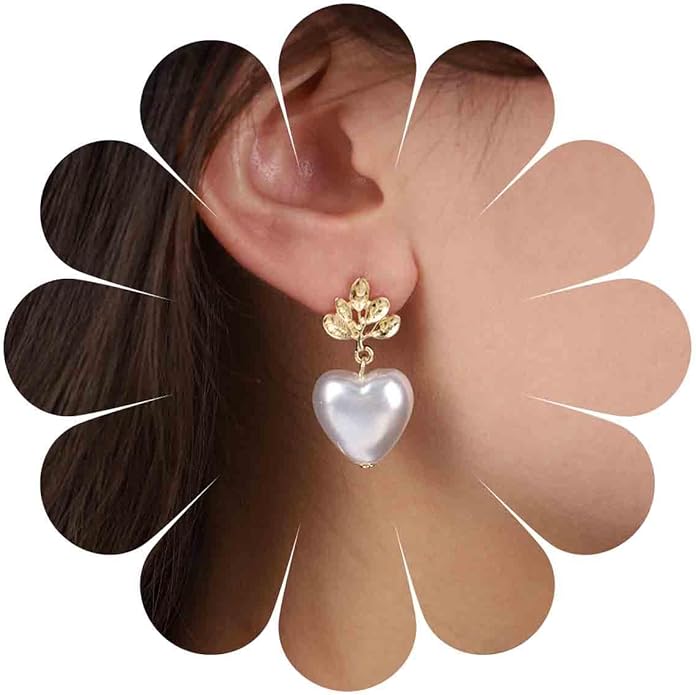 Vintage Pearl Heart Dangle Earrings Heart Pearl Drop Earrings Gold Leaf Stud Earrings Heart Love Earrings Jewelry for Women-Velvo Beauty