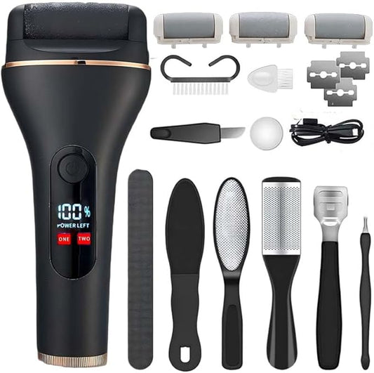 Electric Foot Callus Remover, Portable Electric Foot File with 15 in 1 Professional Pedicure Kits, Rechargeable Pedicure Tools for Foot Care, Waterproof Remover Cracked Feet & Dead Skin (Black)-Velvo Beauty