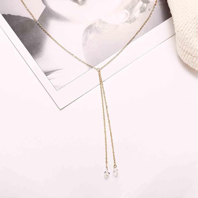 Boho Crystal Drop Necklace Gold Crystal Tassel Y Necklace Chain Vintage Long Drop Chain Necklace Minimalist Necklace Chain Jewelry for Women and Girls Gifts-Velvo Beauty