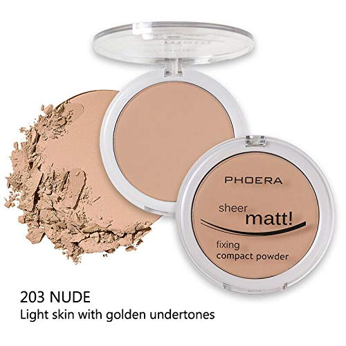 AQUAPURITY PHOERA Sheer Matte Compact Powder Fixing Powder Makeup Base Fixer Setting Powder Foundation Fixing Compact Pressed Powder Long Lasting Make Up Fixer Skin Vitamin E Beauty Blender (203 NUDE)-Velvo Beauty