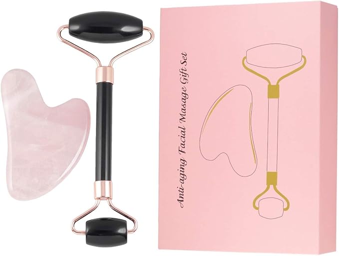 Rockcloud Natural Crystal Jade Roller and Gua Sha Scraping Set Massager Tool for Anti Aging Beauty Neck Body Reduce Wrinkles Facial Massager Therapy Black Obisidian and Rose Quartz Crystal Stone-Velvo Beauty