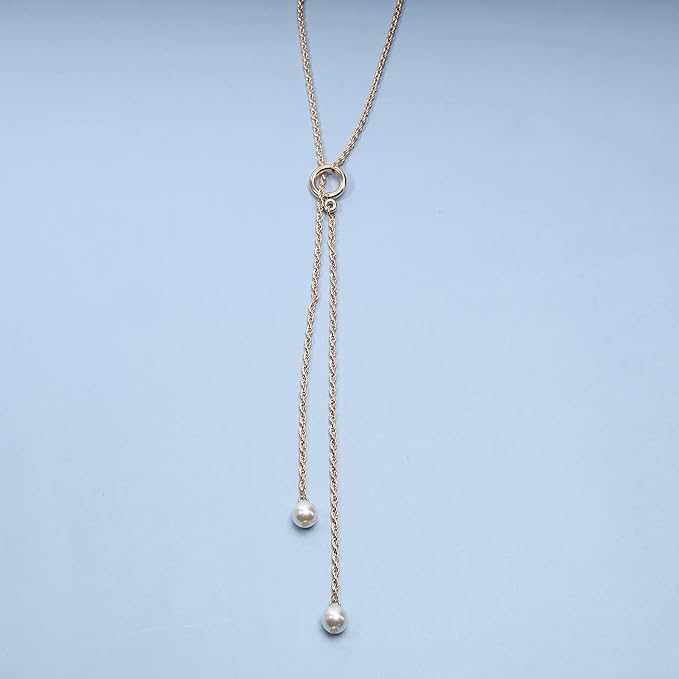 Boho Pearl Lariat Necklace Gold Chunky Chain Y Necklace Pearl Tassel Necklace Long Necklaces for Women and Girls Prom Bridal Necklace Jewelry-Velvo Beauty