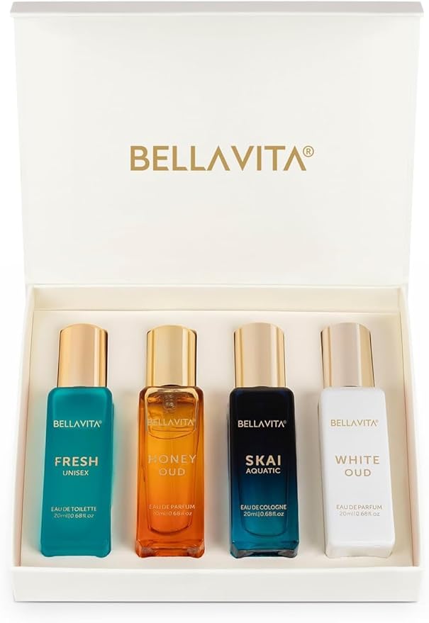 BellaVita Luxury Unisex Cologne Gift Set (4x20ml) | Fragrances Includes Honey OUD, SKAI, FRESH & White OUD | Travel Size Mini Perfumes & Spicy Vanilla Perfume Oil | Unisex Perfume for Women & Men-Velvo Beauty