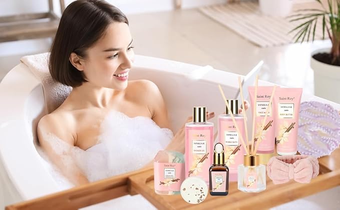 Bath and Body Gift Baskets for Women, 12 Pcs Vanilla Oat Spa Gifts for Women. Bath Gift Set Enriched Shea Butter. Home Spa with Shower Gel, Body Oil, Saint Roy Gifts for Mom-Velvo Beauty