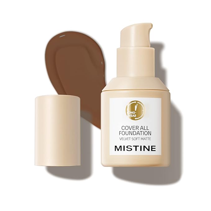 MISTINE Full Coverage Foundation Makeup for Oily Skin,24 Hour Oil Control Liquid Foundation,Skin-Caring,Moisturizing Formula,Cream Foundation,Matte Finish,Mocha,1 Fl Oz-Velvo Beauty