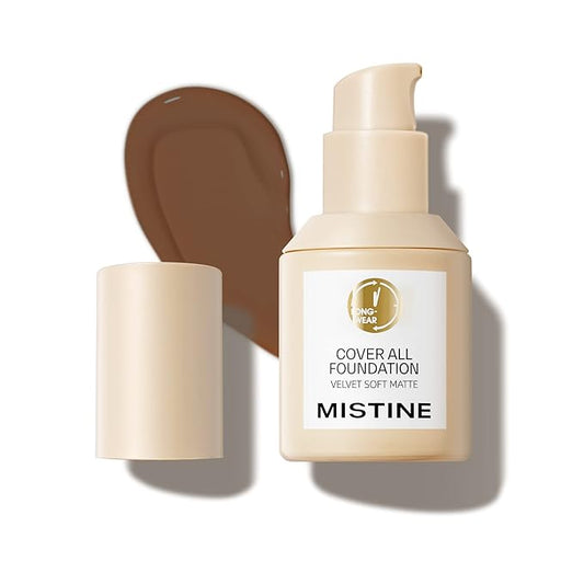 MISTINE Full Coverage Foundation Makeup for Oily Skin,24 Hour Oil Control Liquid Foundation,Skin-Caring,Moisturizing Formula,Cream Foundation,Matte Finish,Mocha,1 Fl Oz-Velvo Beauty