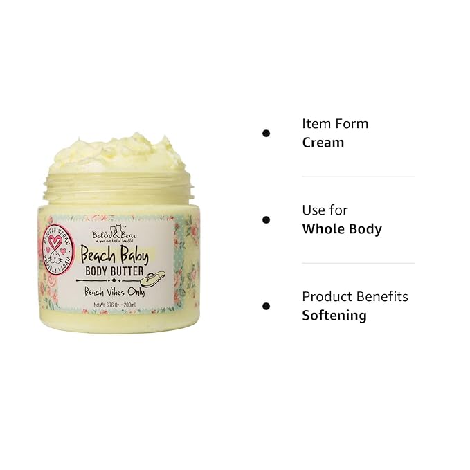 Bella and Bear Beach Baby Body Butter - Moisturizing Shea Cream for Women - Vegan, Cruelty& Oil-Free - Helps Prevents Pregnancy Stretch Marks 6.76-oz-Velvo Beauty