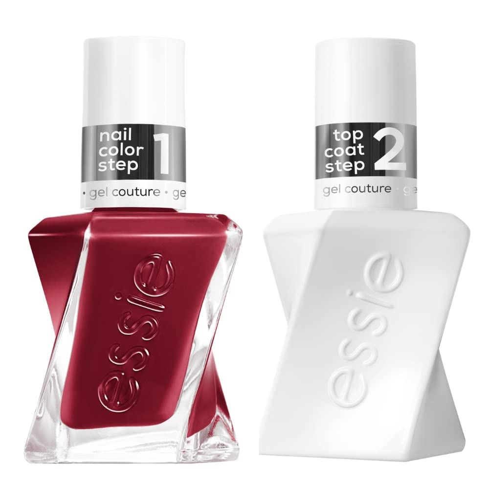 essie Gel Couture Longwear Nail Polish Set, Red Nail Polish, Put in the Patchwork + Gel-like Shiny Top Coat 0.46 fl oz each-Velvo Beauty