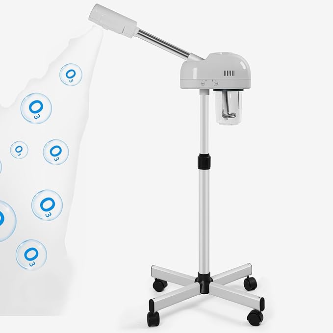 Stand Professional Ozone Facial Steamer with Touch Control, Adjustable Height & Rolling Base, 360° Rotatable Nozzle, Hot Mist Function, Use for Home, Salon SPA (White)-Velvo Beauty