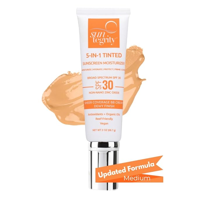 Suntegrity Tinted 5 in 1 Mineral Sunscreen for Face (SPF 30-2 oz) - Medium | BB Cream Moisturizer with Physical UVA/UVB Broad Spectrum Protection | Safe for Sensitive Skin-Velvo Beauty