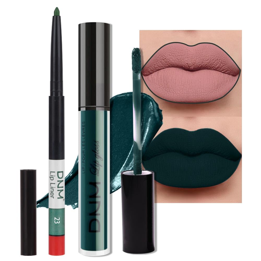 evpct 2Pcs Matte Dark Green Lipstick and Lip Liner Gloss Makeup Set matt Matte Liquid Lipstick Long Lasting Set 24H and with Lip Liner 23#-Velvo Beauty