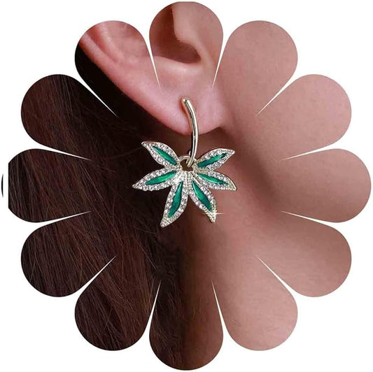 Vintage Emerald Pot Leaf Earrings Green Leaf Drop Earrings Green Marijuana Leaf Earrings Gold Cz Leaf Dangle Earrings Jewelry for Women-Velvo Beauty
