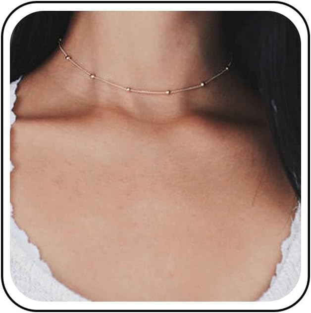 Boho Thin Beaded Choker Necklace Gold Station Ball Necklace Short Satellite Chain Necklace Everyday Minimalist Necklace Jewelry for Women and Girls-Velvo Beauty