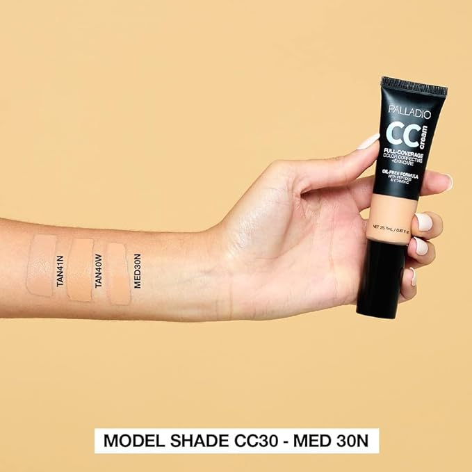 Palladio Full-Coverage Color Correction CC Cream, Oil-Free with Peptides & Vitamin C, Buildable Foundation Coverage (Tan 40W, Warm Undertone),0.87 Fl Oz (Pack of 1)-Velvo Beauty