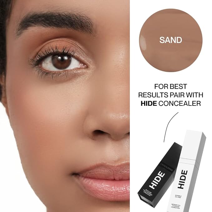 HIDE PREMIUM Liquid Foundation, SEE SHADE FINDER Below For Perfect Match, Multi-Use Waterproof Foundation, Medium/Full Coverage Foundation, Oil Free – We Have a Shade For All Skin Types, 1 fl. Oz. (Sand)-Velvo Beauty