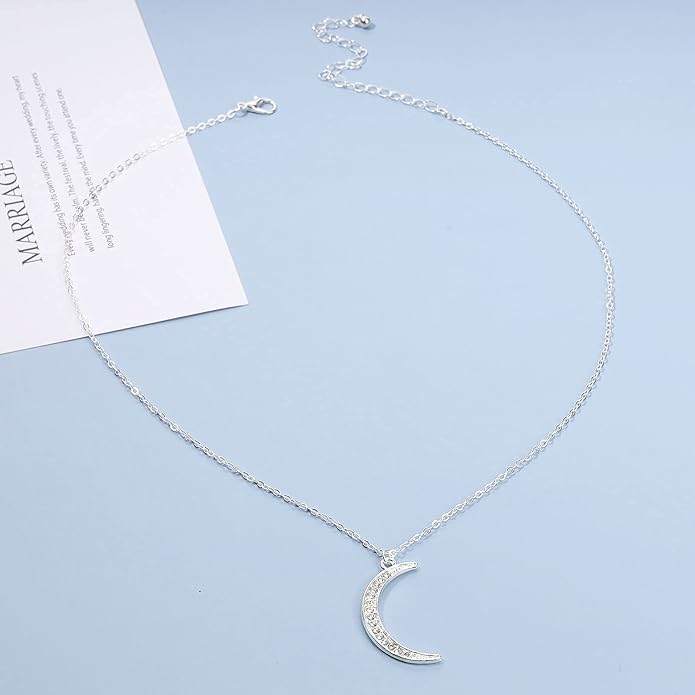 Boho Rhinestone Moon Necklace CZ Crescent Pendant Necklace Chain Minimalist Necklace Festival Jewelry for Women and Teen Girls-Velvo Beauty