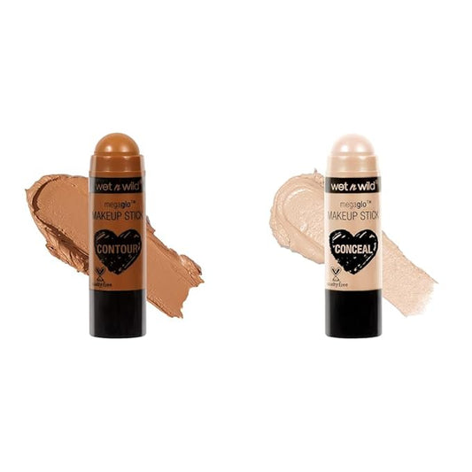 wet n wild MegaGlo Makeup Stick, Buildable Color, Versatile Use, Cruelty-Free & Vegan - Call Me Maple and Conceal and Contour Neutral Follow Your Bisque,1 Ounce (Pack of 1),807 Bundle-Velvo Beauty
