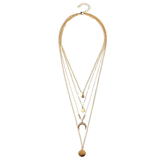 Bohemia Layered Coin Choker Necklace Moon Crescent Pendant Necklace Chain Gold Tiny Ball Necklace Multi Layer Disc Necklace Chain Jewelry for Women and Girls-Velvo Beauty