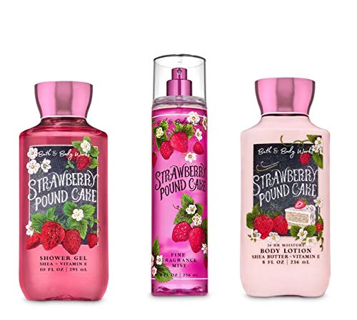 Bath and Body Works - Strawberry Pound Cake - Daily Trio - Shower Gel, Fine Fragrance Mist & Super Smooth Body Lotion- New 2020-Velvo Beauty