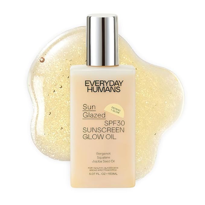 Everyday Humans Sun Glazed SPF30 Sheer Body Glow Oil with Gold Mica | Hydrating Non-Sticky Glowing UV Protection Cruelty Free 5.1 Fl Oz | Bergamot, Squalane, Jojoba Seed Oil | UVA/UVB Broad Spectrum-Velvo Beauty