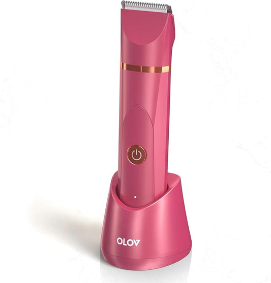 OLOV Electric Body Hair Trimmer - Groin Trimmer for Men - Bikini Trimmer Women - Wet/Dry Shaver Groomer, Replaceable Ceramic Blade Heads, USB Recharge Dock, Waterproof Hygiene Razor, Red-Velvo Beauty