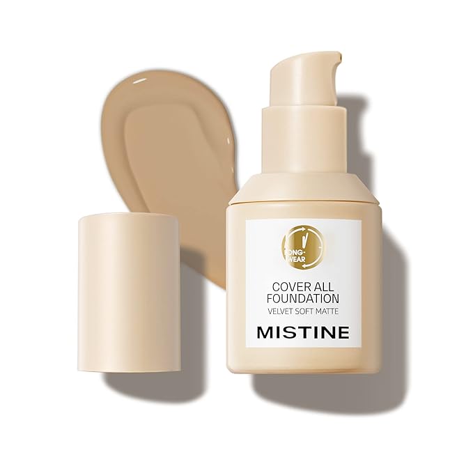 MISTINE Full Coverage Foundation Makeup for Oily Skin,24 Hour Oil Control Liquid Foundation,Skin-Caring,Moisturizing Formula,Cream Foundation,Matte Finish,Natural Beige,1 Fl Oz-Velvo Beauty
