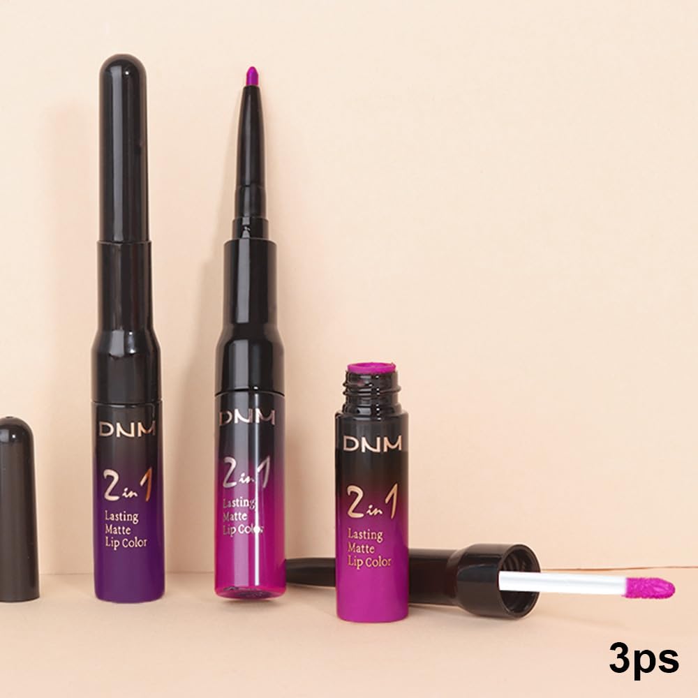 evpct 3Pcs Purple Hot Pink Fuschia Red Matte Lip Liner & Liquid Lipstick Stain Makeup Set for Women, Lip Liner Stain Long Lasting Waterproof Smudge Proof, Cruelty Free Lip Makeup 24 hours originales-Velvo Beauty