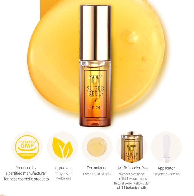 PETITFEE Lip Oil Super Seed | 0.10 Oz | Glass Lip, Healthy Lip Care, Moisturizing Lip Oil with Honey, Propolis, Herbal Oil, Glowy, Revitalizing, Calming Lip, Non-sticky, Non-artificial Colors-Velvo Beauty
